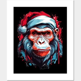 Gorilla Christmas with Santa Hat Posters and Art